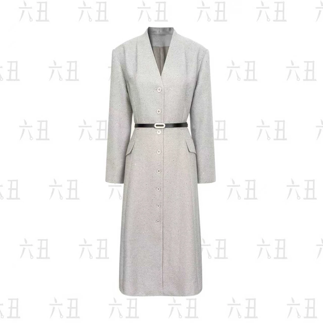 【六丑】新款时尚高级气质显瘦亮闪闪单排扣V领风衣509AFY0241