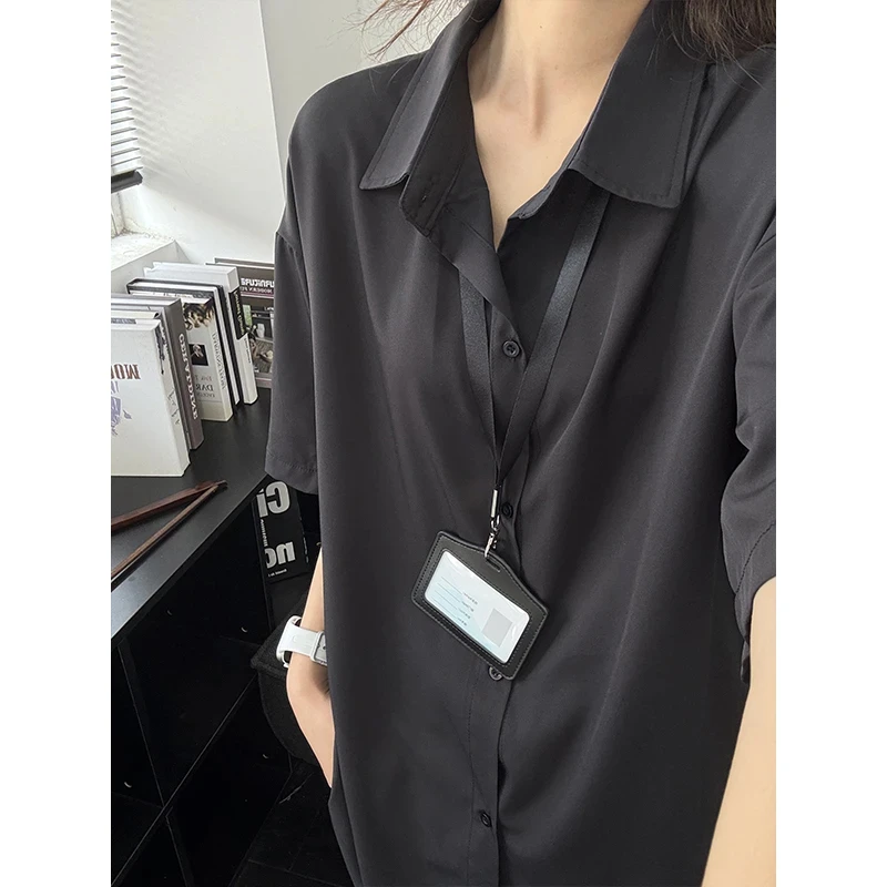 黑色冰丝短袖衬衫男夏季薄款宽松休闲衬衣高级感叠穿防晒外套潮牌