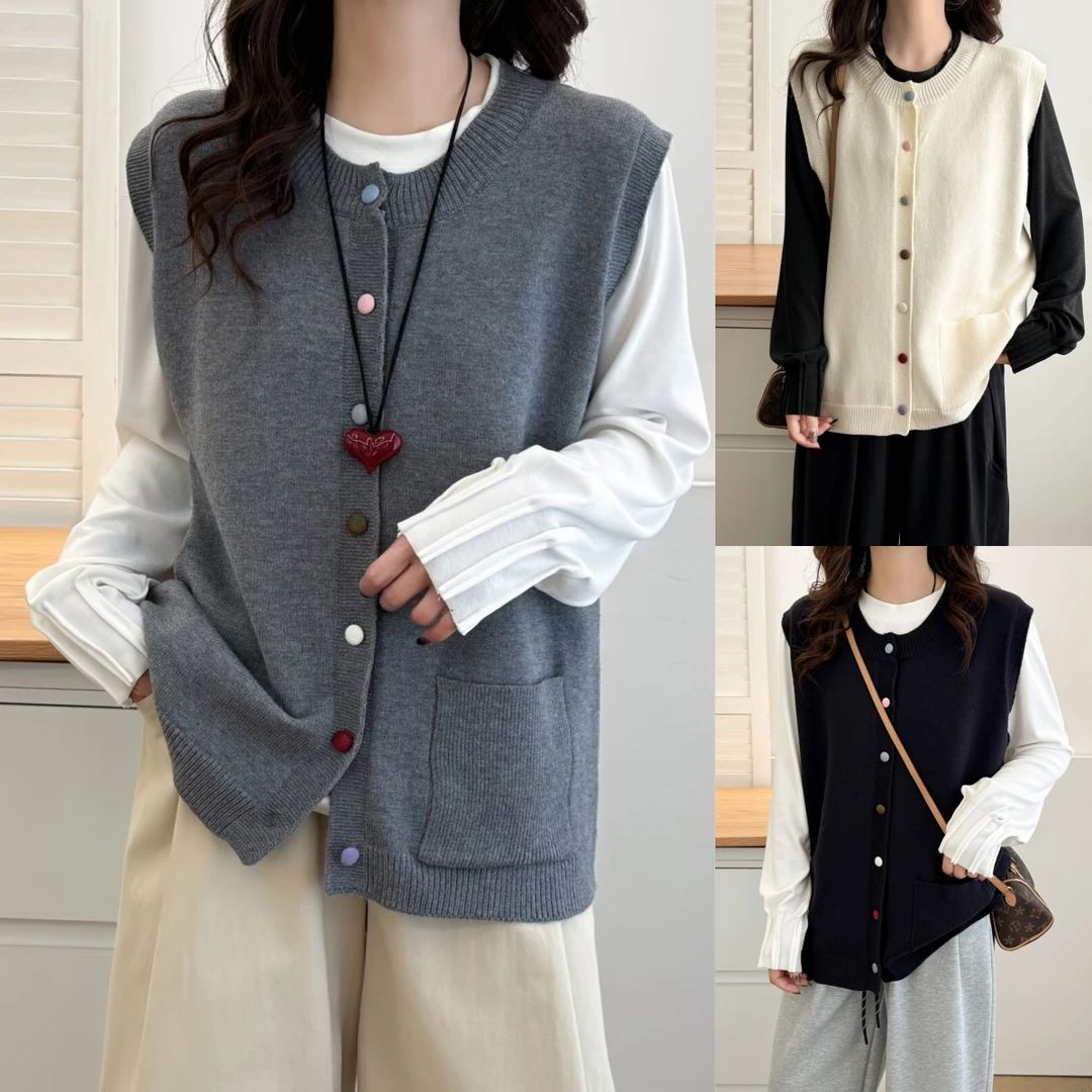时尚百搭微胖mm圆领彩扣大板型遮肚子大码女装无袖针织衫马甲背心
