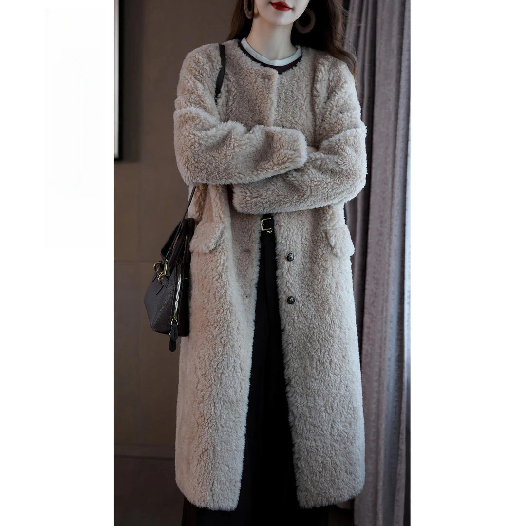 中长款气质过膝颗粒羊剪绒外套女秋冬新款保暖羊毛羔皮毛一体外套