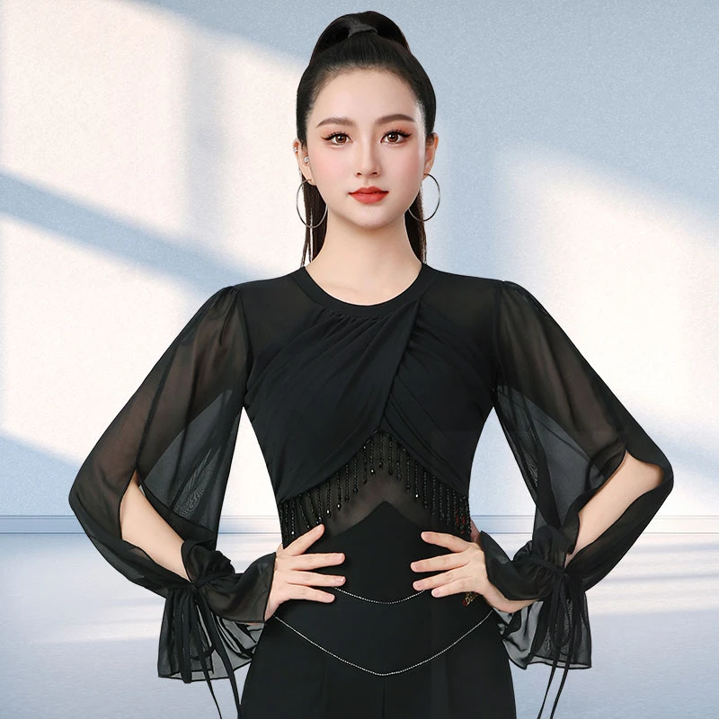 丹宝罗国标舞女士精致吊坠珠珠边设计连体衣摩登舞上衣舞蹈练功服