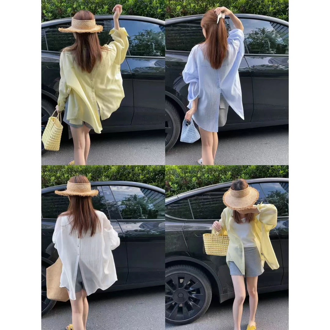 【清货款只出不进】夏季轻薄款设计感后扣开叉竖暗纹理宽松防晒衬衣