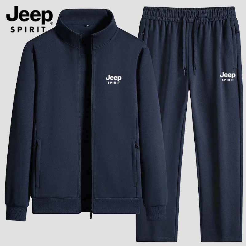 JEEPSPIRIT吉普纯棉运动套装男春秋冬款加绒立领中老年休闲跑步服