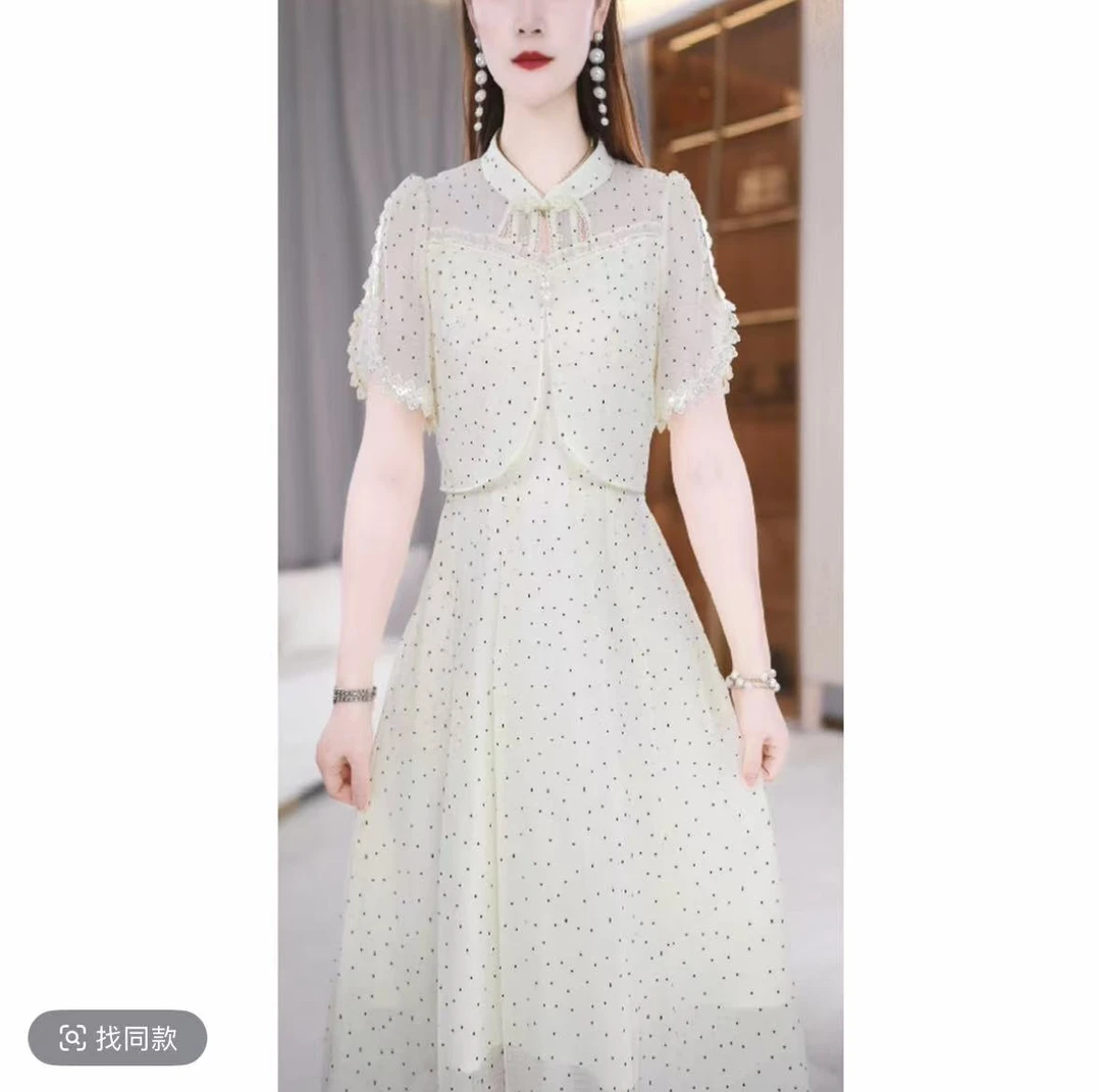 高档云锦丝时尚小香风波点连衣裙2025夏季收腰显瘦气质减龄a字裙