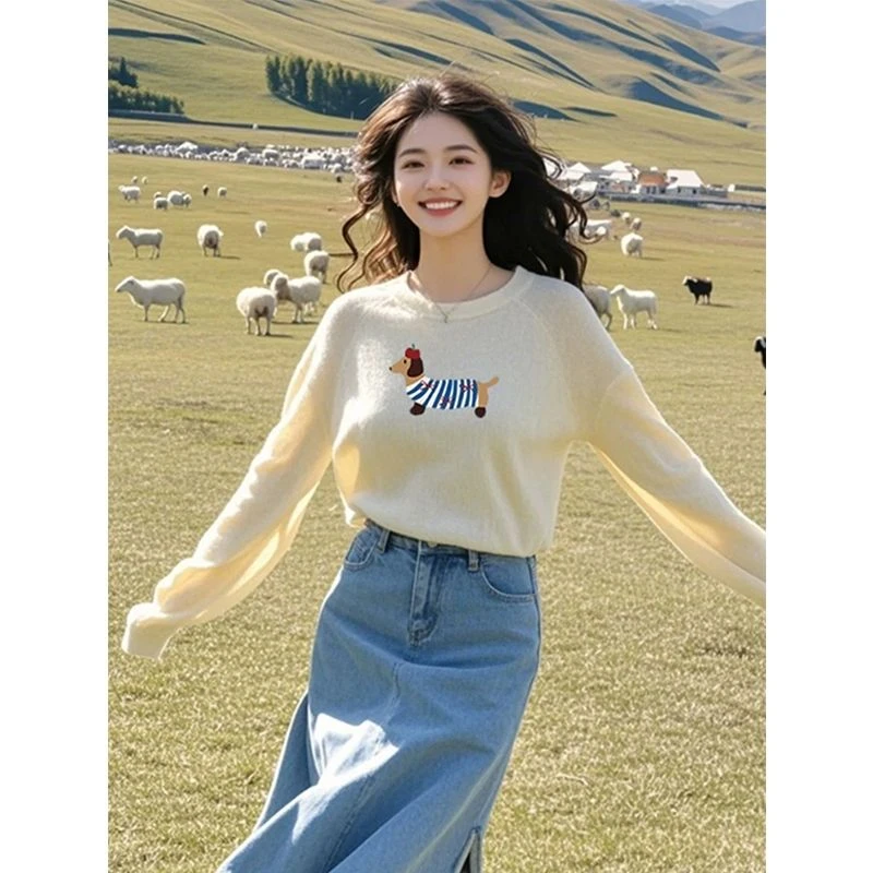 AXY56288淡黄色薄款针织打底衫女毛衣独特别致宽松罩衫长袖上衣