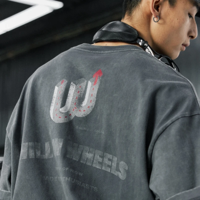 WOW意志驱动【转弯到】美式街头重磅刺绣水洗做旧纯棉短袖T恤男