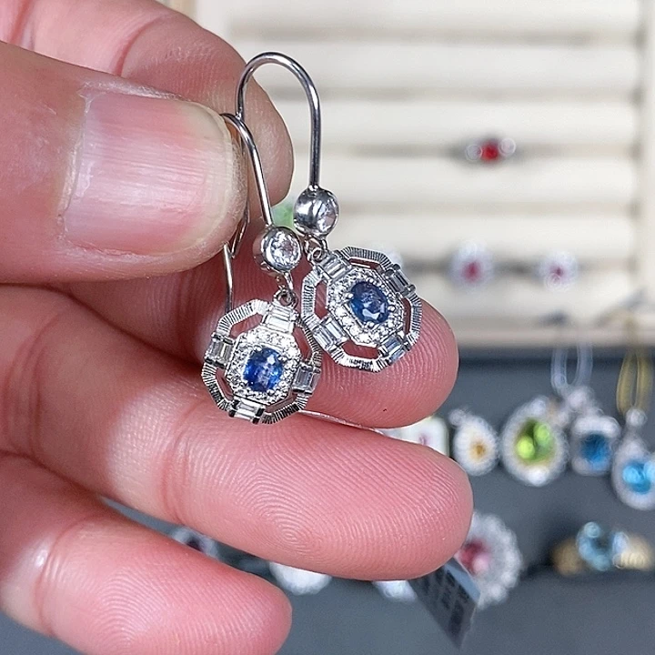 蓝宝石耳饰银S925镶嵌