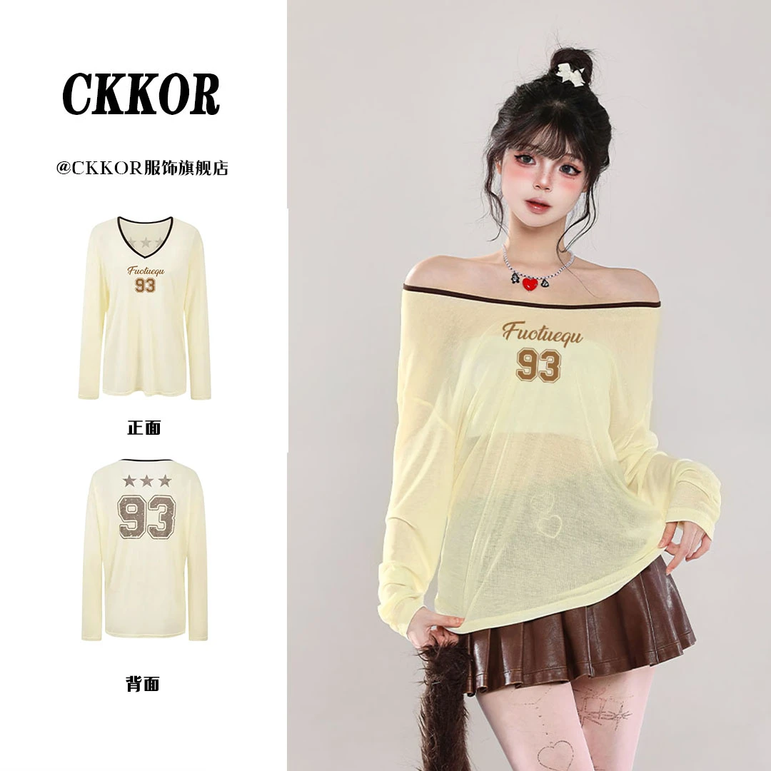 CKKOR夏季新款爆款长袖防晒罩衫V领t恤女ins时尚百搭宽松外搭上衣