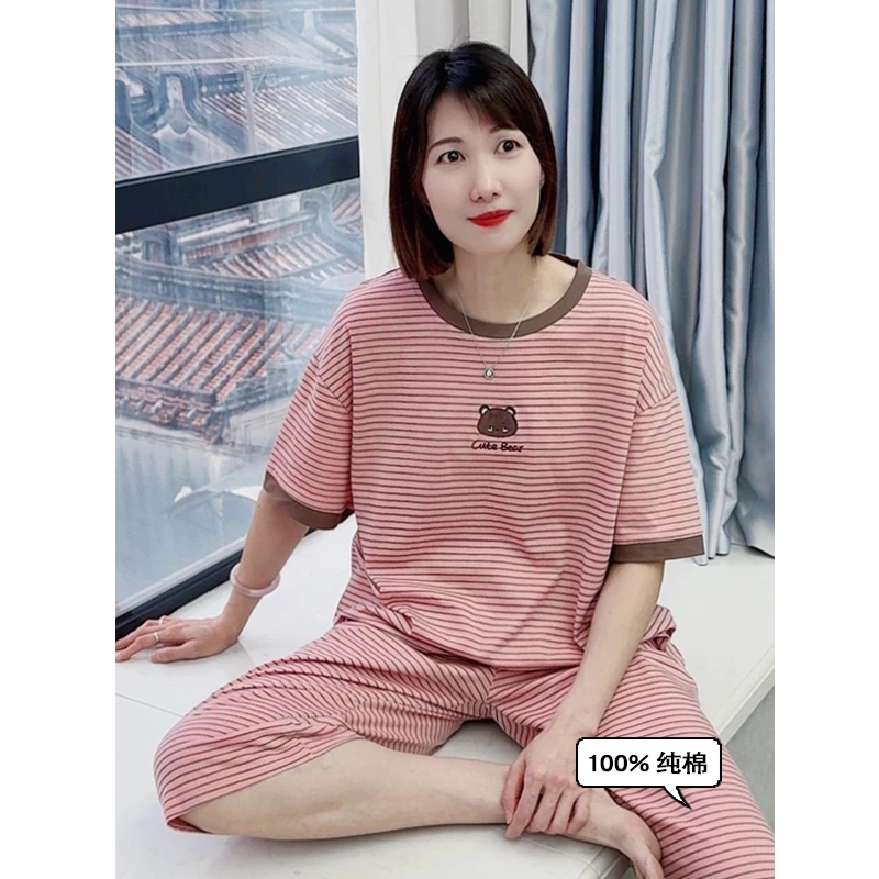 夏季女睡衣纯棉短袖7分裤大码家居服简约条纹可外穿女士夏天套装