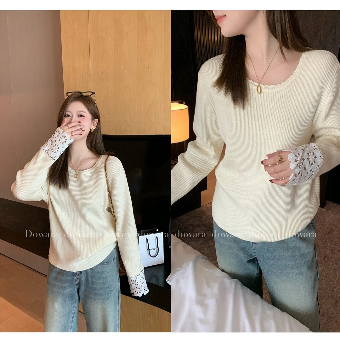 现货大婉酱微胖定制杏色蕾丝拼接针织衫女秋冬新款宽松上衣 5909D