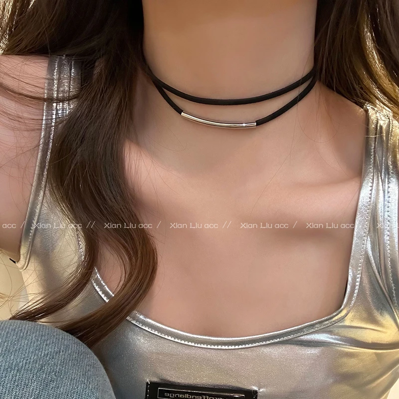 合金皮质项链 choker黑色项链女y2k小众设计简约百搭锁骨链B136