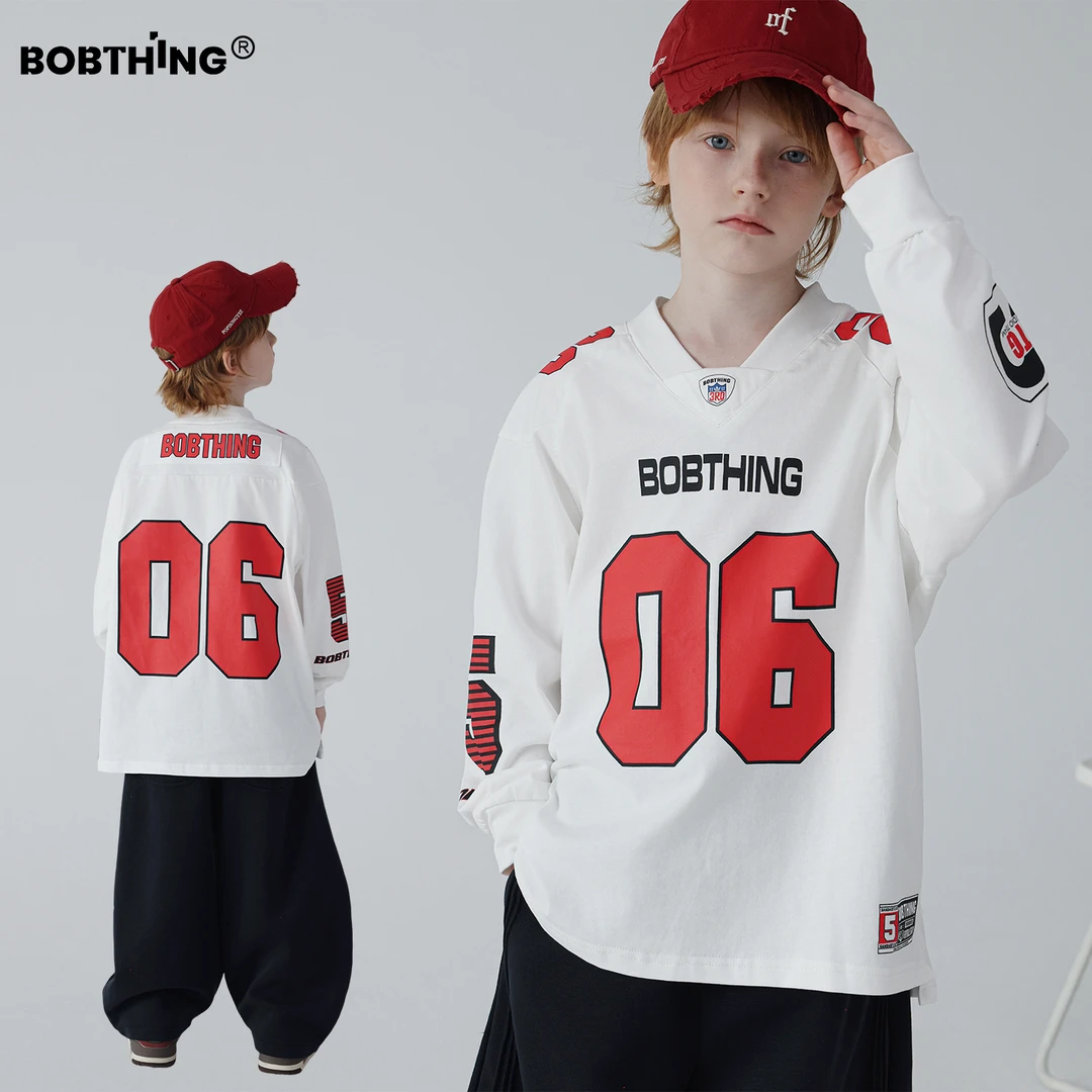 儿童数字印花V领运动风T恤美式长袖上衣男童春秋打底衫潮童装体恤