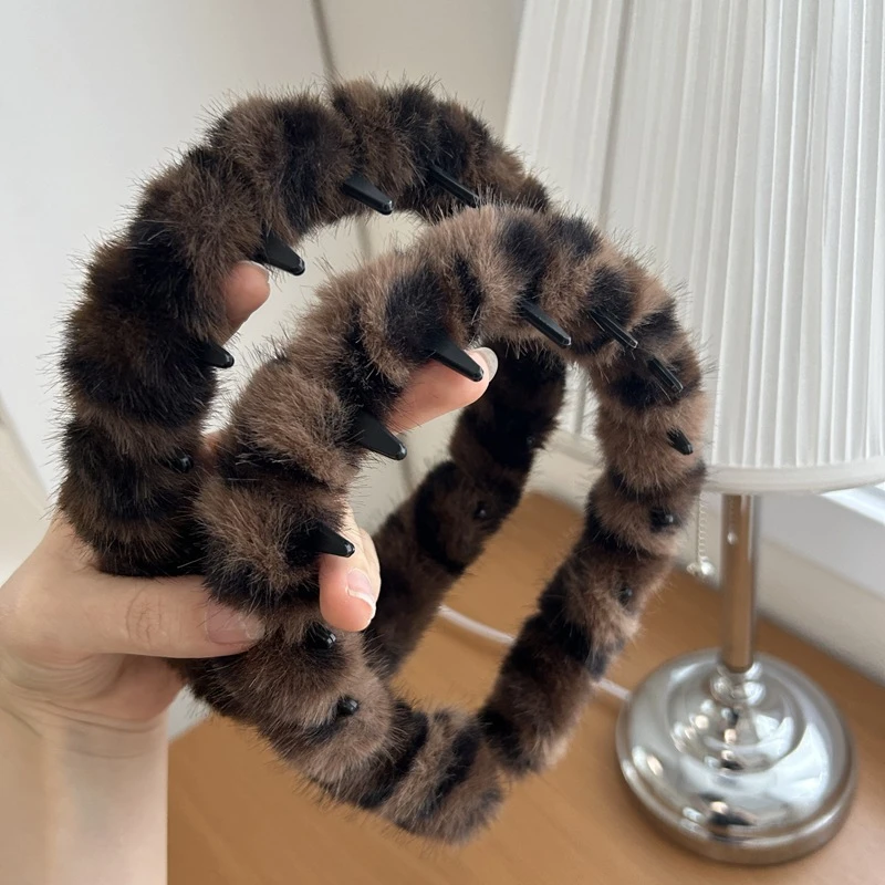 时髦毛绒豹纹发箍带齿波浪头箍发根蓬松显脸小气质压发头箍发卡女