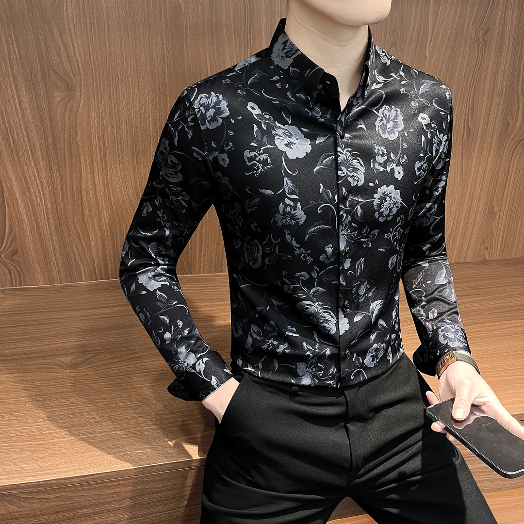 花衬衫长袖男士秋季2025新款爆款痞帅高级感男装轻奢印花男款衬衣