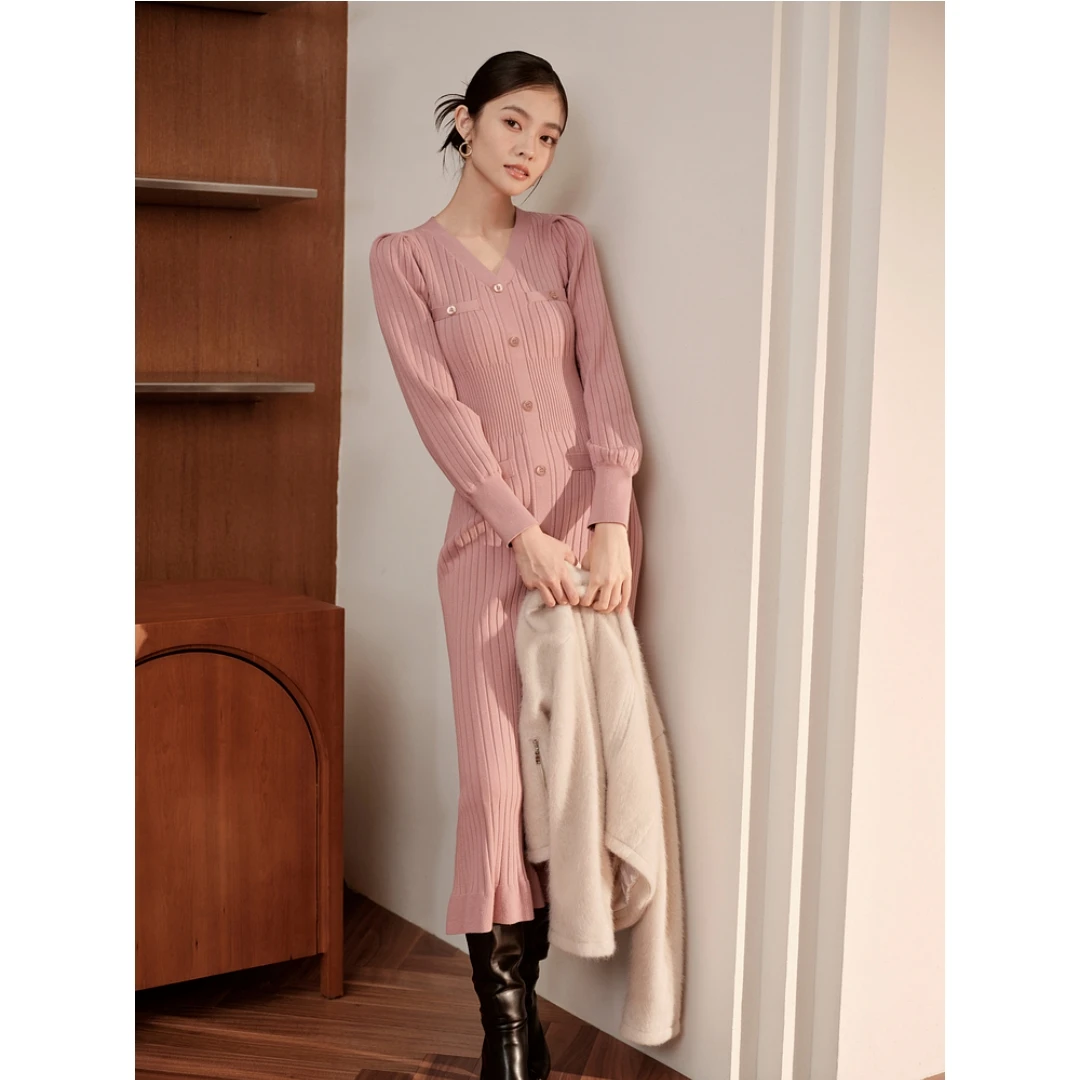 【胖虎家】 秋冬新款 S 气质V领修身泡泡袖针织鱼尾连衣裙