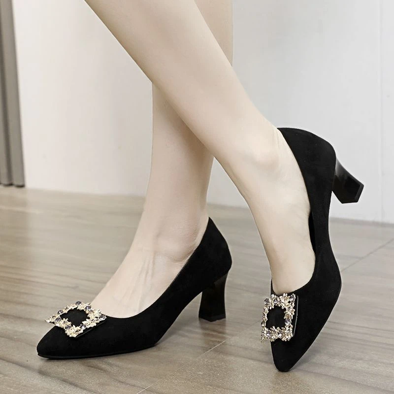 黑色高跟鞋女2024春秋新款粗跟单鞋女水钻中跟真皮百搭职业工作鞋