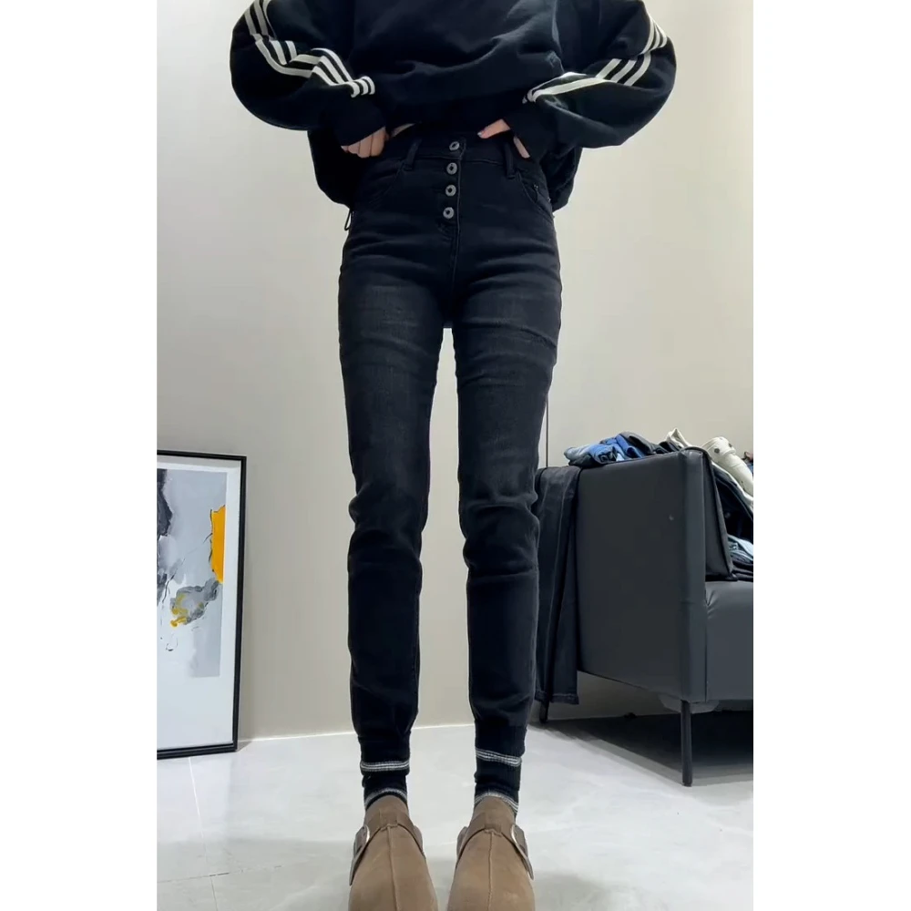 黑灰色小脚牛仔裤女秋季新款修身显瘦弹力小个子九分紧身铅笔裤子