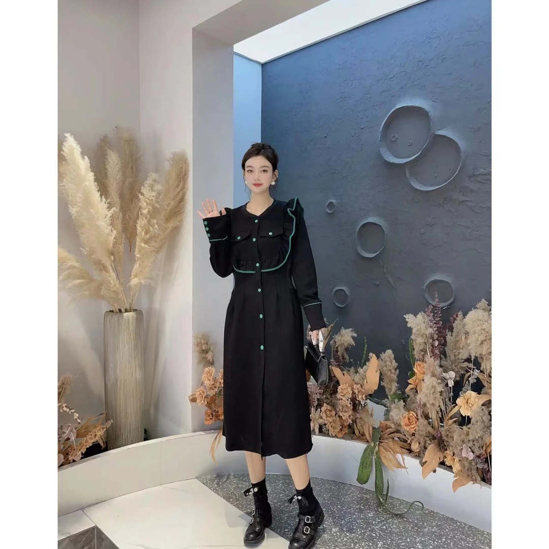 法式赫本风气质收腰中长款拼接洋气欧货连衣裙23119