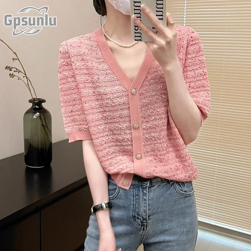 gpsunlu爆款针织短袖恤女士装夏季年新款时时尚显学生毛衣开衫