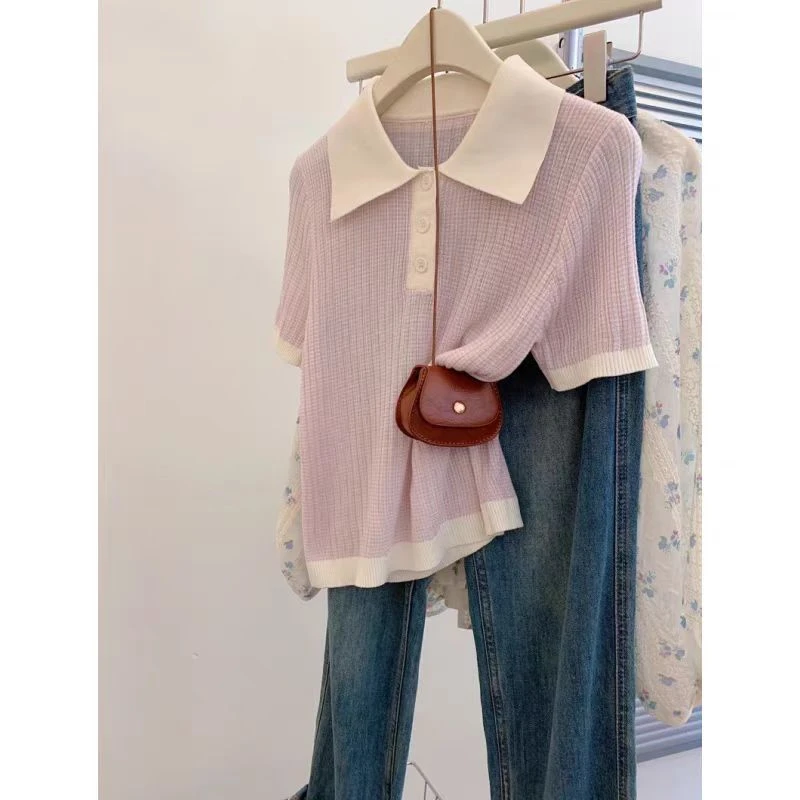 1411大码女装拼接撞色polo领T恤针织衫夏季新款气质通勤短袖上衣