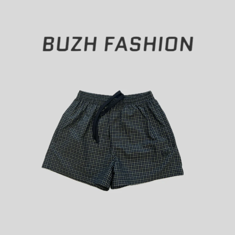 BUZH夏季新款棉质松紧腰系带百搭宽松显瘦格纹休闲短裤男女同款