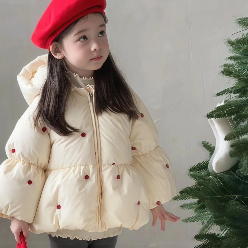 巴拉开门【商场同款】高档冬季新款红色蝴蝶结小圆点羽绒服女宝宝