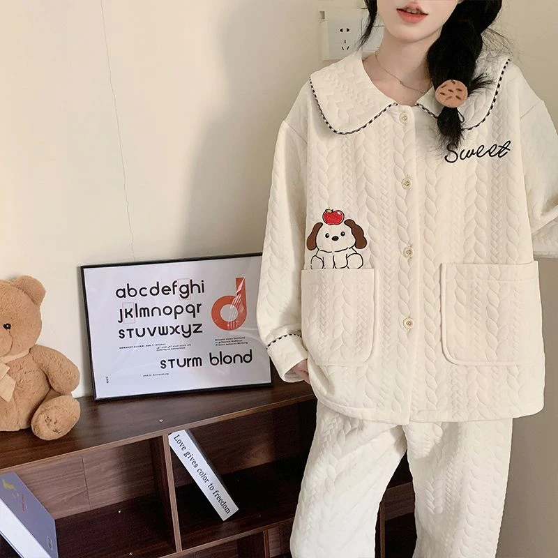 秋冬空气棉夹层长袖加厚睡衣女款爆款2025新款高档娃娃领家居服