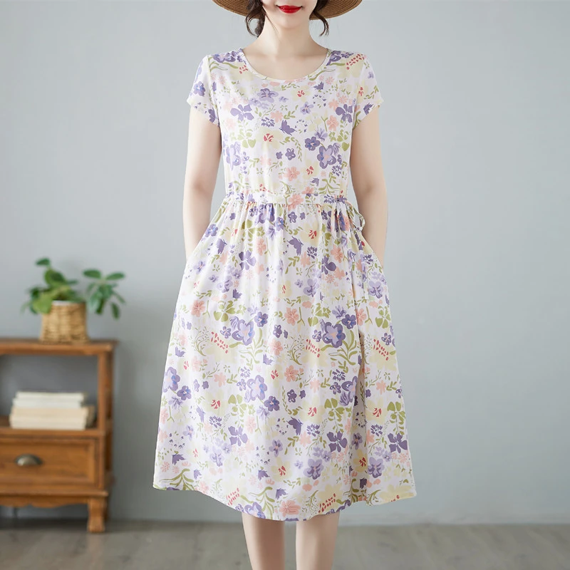 棉绸短袖连衣裙女夏新款时尚宽松遮肉显瘦收腰系带过膝中长款裙子
