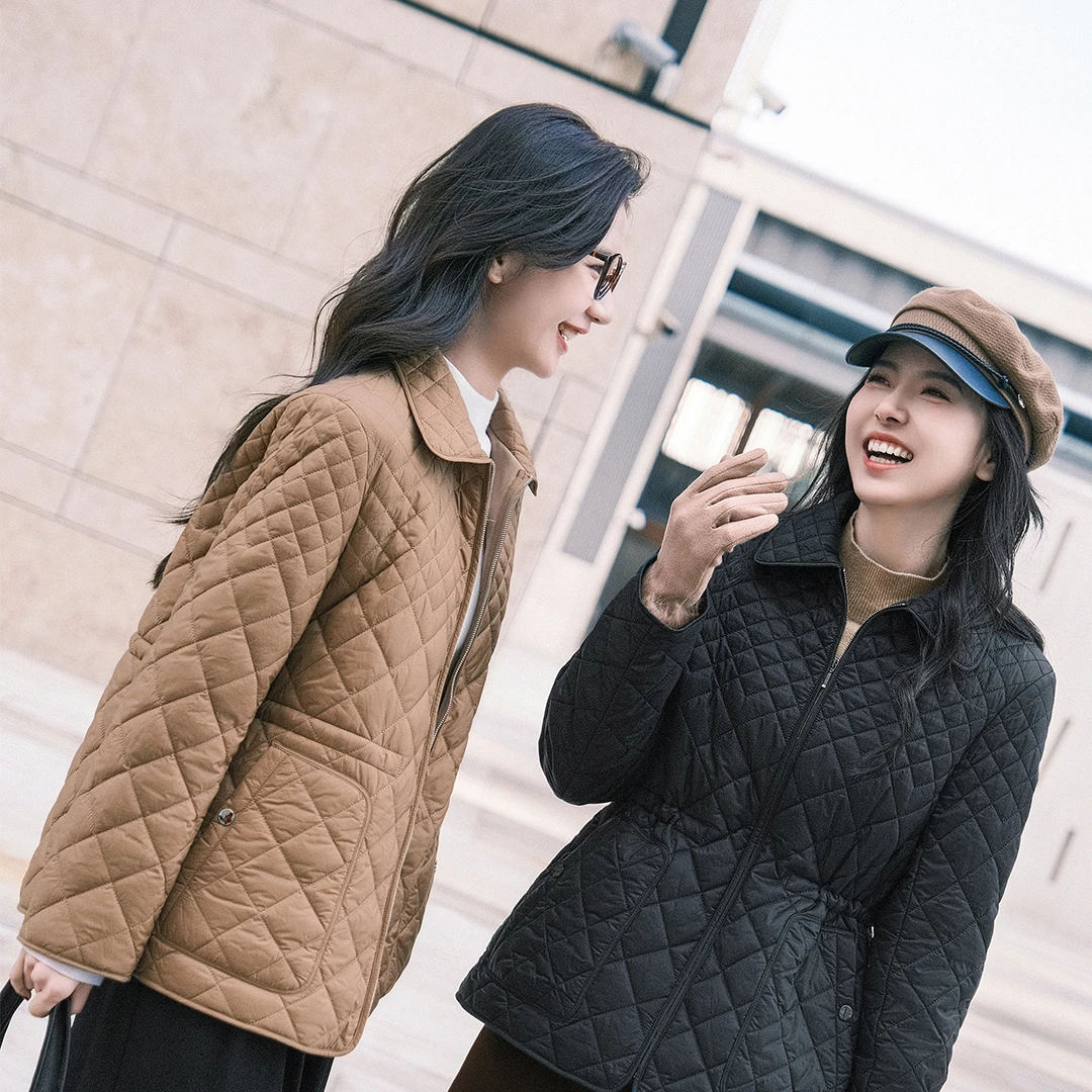 谭飞【锁温棉服】25年冬季新款菱形格纹收腰抽绳保暖气质百搭外套女