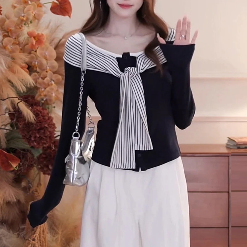 假两件海军领披肩长袖t恤女2025秋季新款时尚修身显瘦打底衫上衣