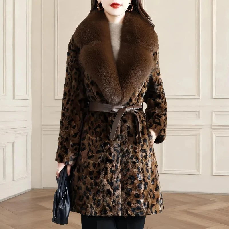 水貂毛大衣女2025冬新奢华豹纹潮狐狸毛领拼貂皮草外套女修身收腰