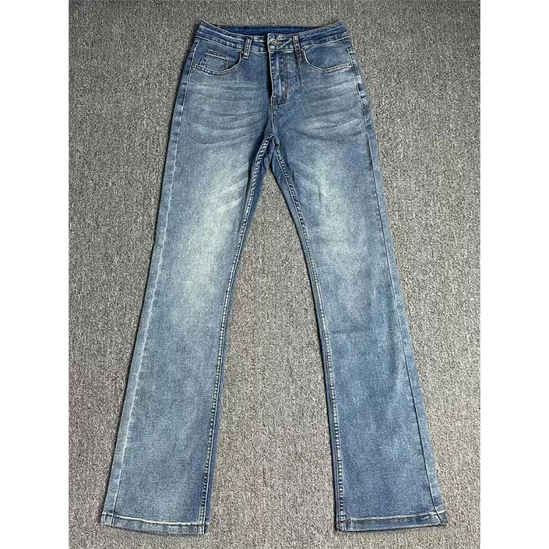 浅蓝色弯刀牛仔裤男款春秋美式高街vibe裤子直筒修身显高腰微喇裤