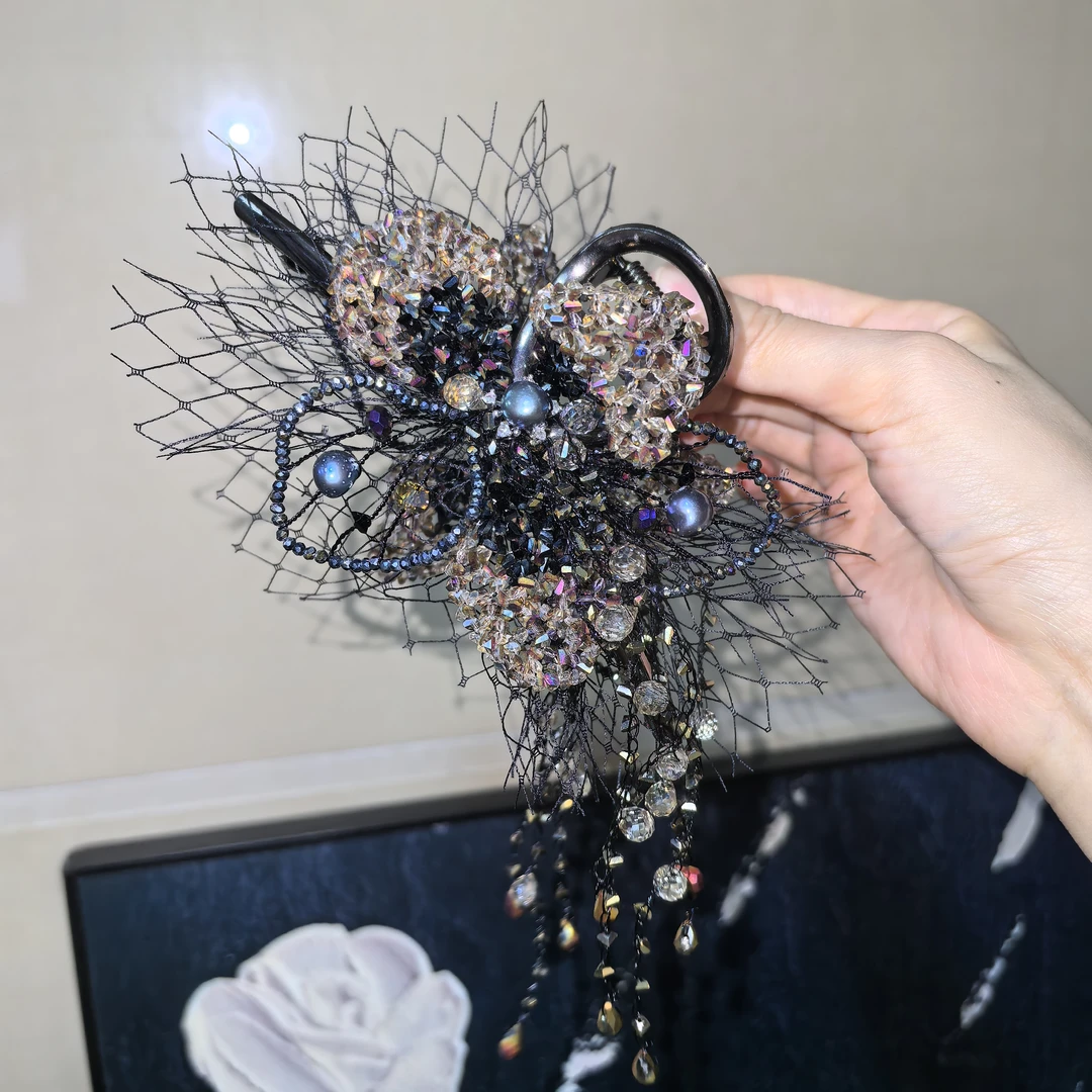 西子家莫奈黑金鸢尾网纱抓夹