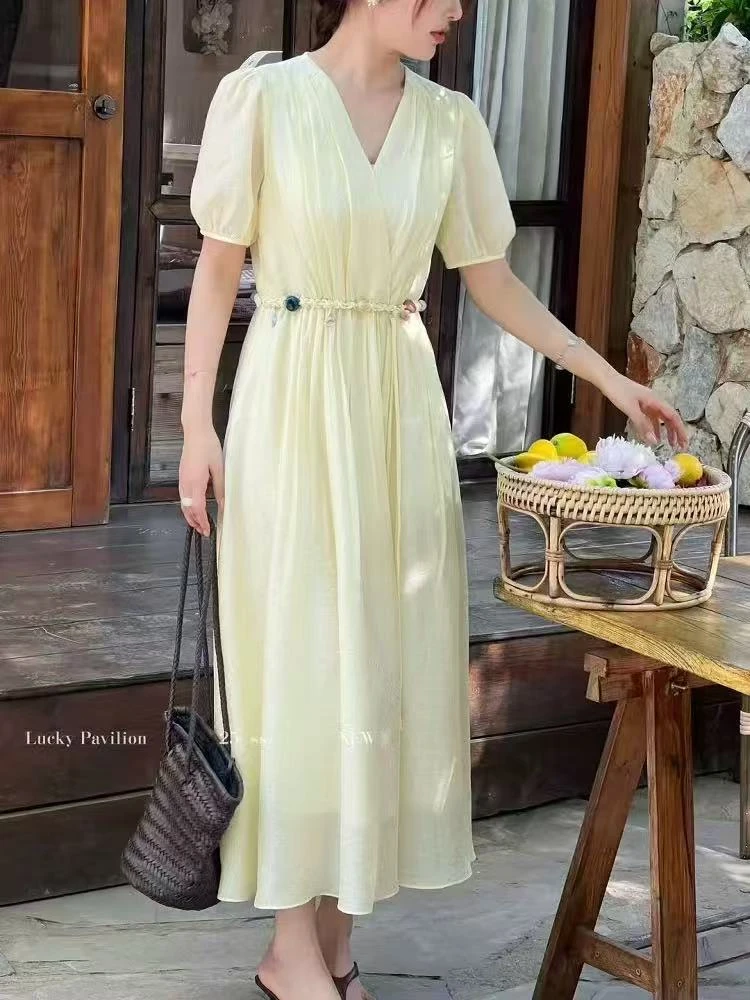 长裙泡泡袖夏季褶皱V领连衣裙长款收腰纯色法式998519