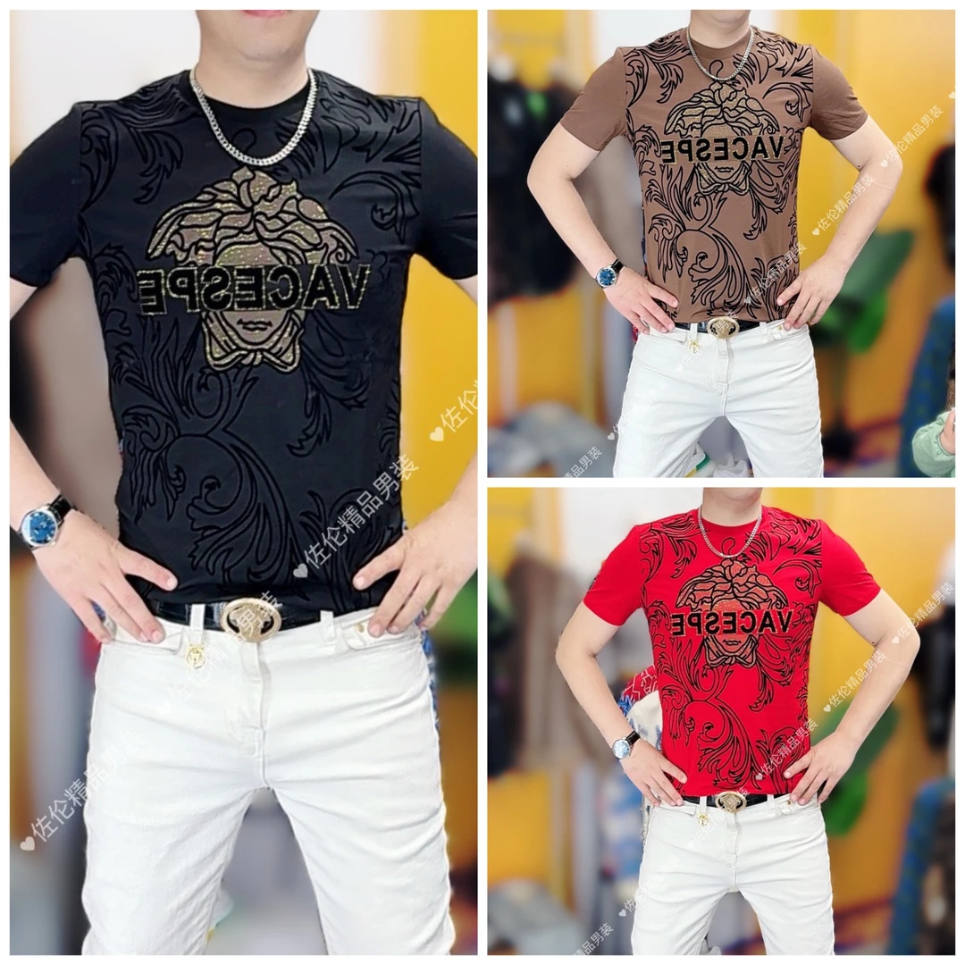 202525093夏季新款欧版潮牌修身烫钻男士百搭体恤