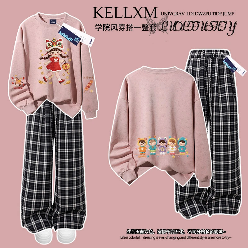 国风卡通虎头帽小女孩仿刺绣女童秋冬新款扎染圆领卫衣中大童套装