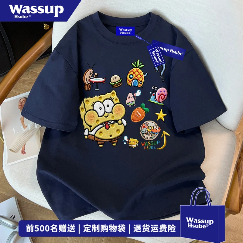 WASSUP HSUBE夏季仿刺绣卡通海绵宝宝纯棉宽松T恤男女小众ins上衣