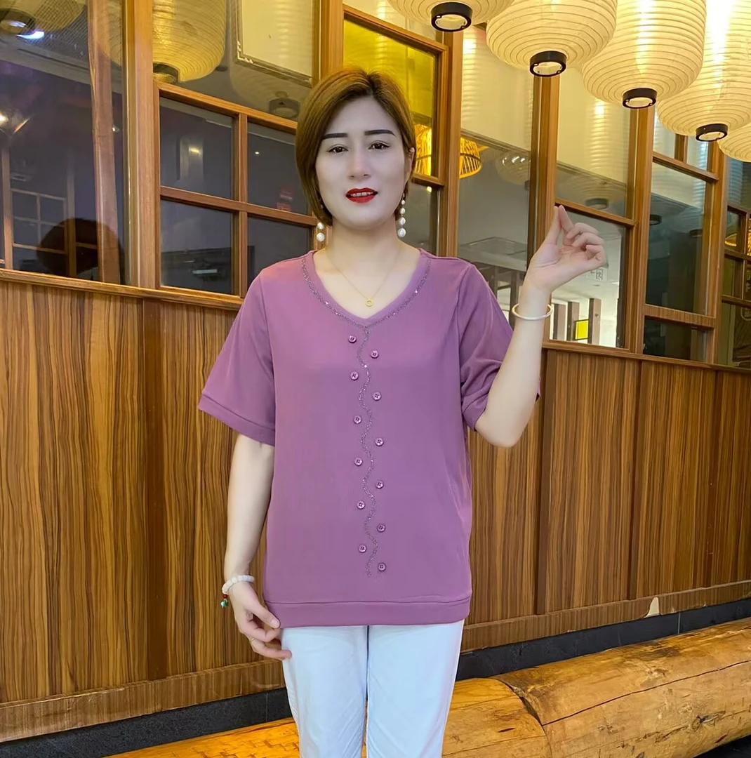 夏季新款时尚纯色烫钻中老年女装V领宽松型薄款洋气衫