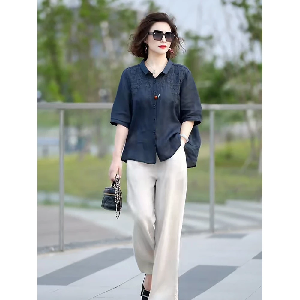 2025国风复古Polo领衬衫女夏季宽松显瘦刺绣百搭上衣+阔腿裤套装