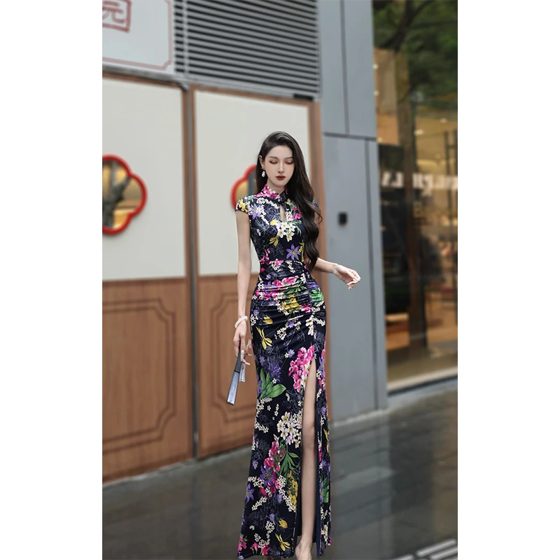 尤克菲儿 原创高定水晶麻印花连衣裙日常气质修身复古改良旗袍