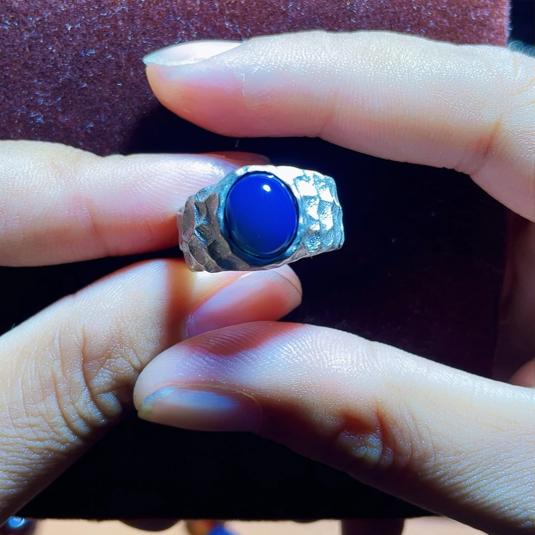 蓝珀裸石银S925镶嵌多米尼加净水皇家蓝戒指