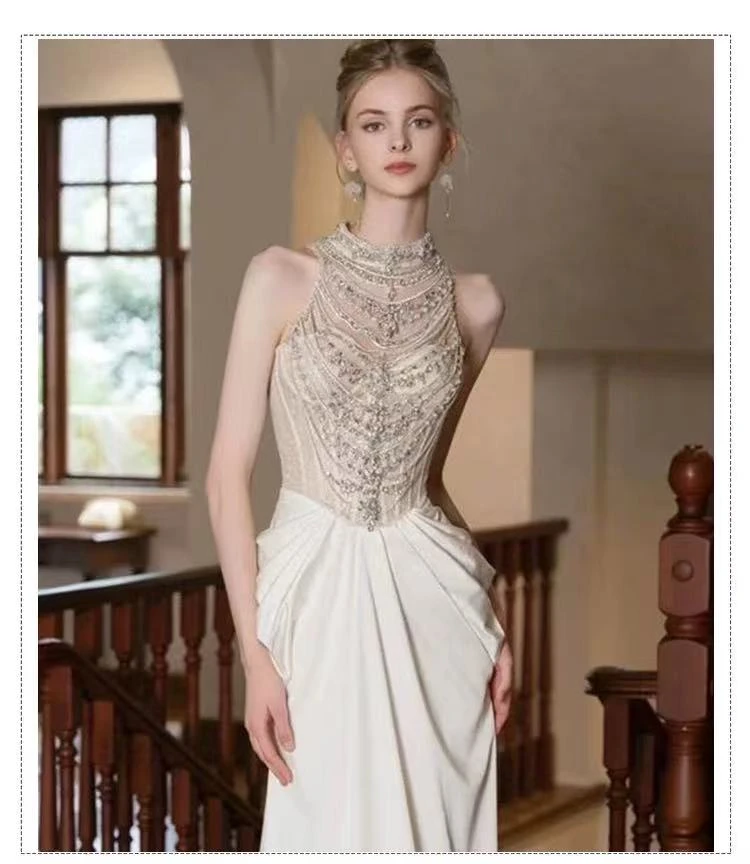 1019晚礼服年会主持人连衣裙高贵拖尾修身长款宴会新娘粉色