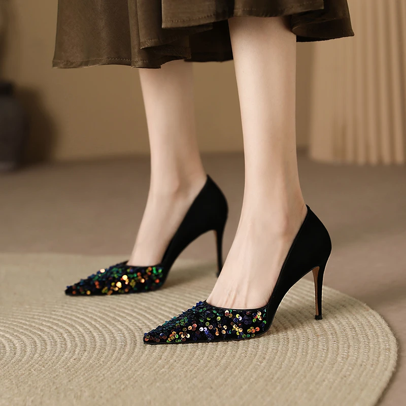 安羽【跟高8.5厘米】春秋气质细跟法式高跟尖头浅口跟鞋时尚单鞋