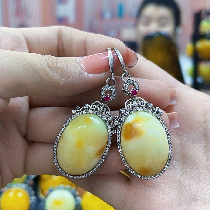 琥珀银S925镶嵌颈饰耳环