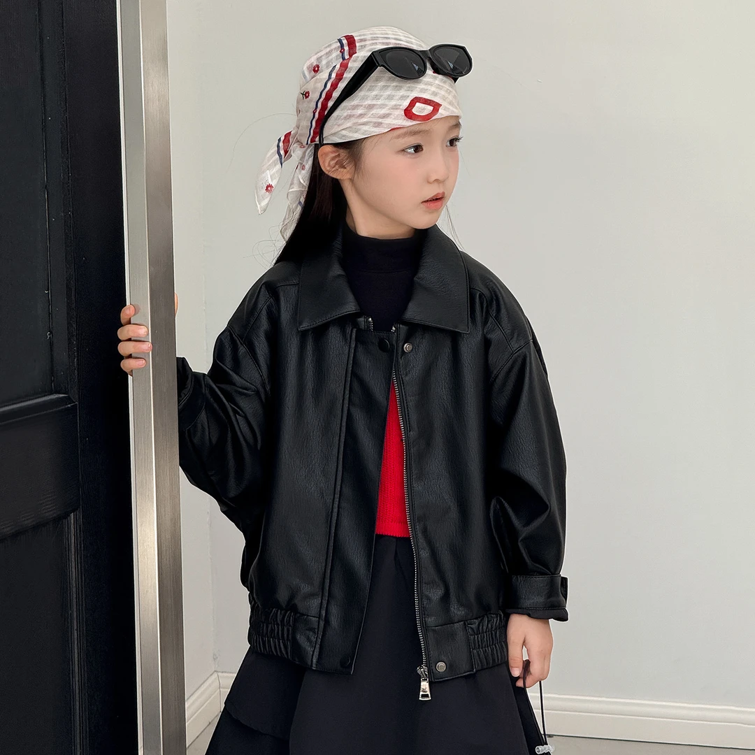 2025秋季新款女童PU皮衣外套儿童男童中大童机车短款夹克洋气潮酷