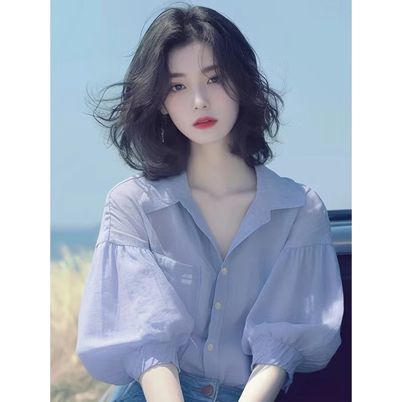 夏季韩系chic别致独特设计感紫色灯笼袖衬衫温柔气质绝美V领上衣