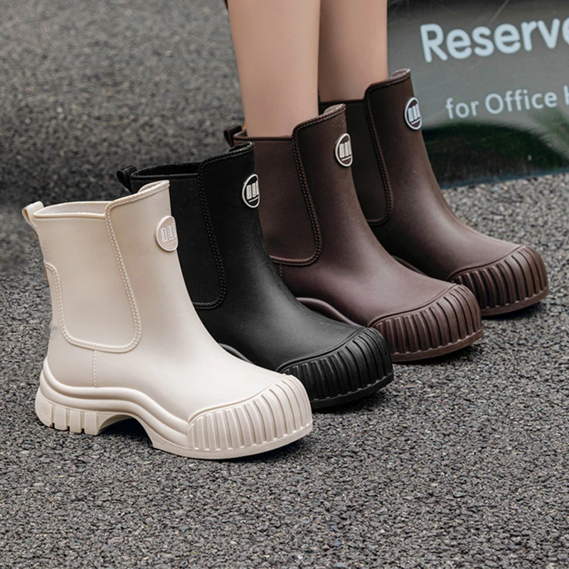 女士中筒雨鞋防滑耐磨加绒保暖时尚厨房工作胶鞋雨靴厚底英伦风