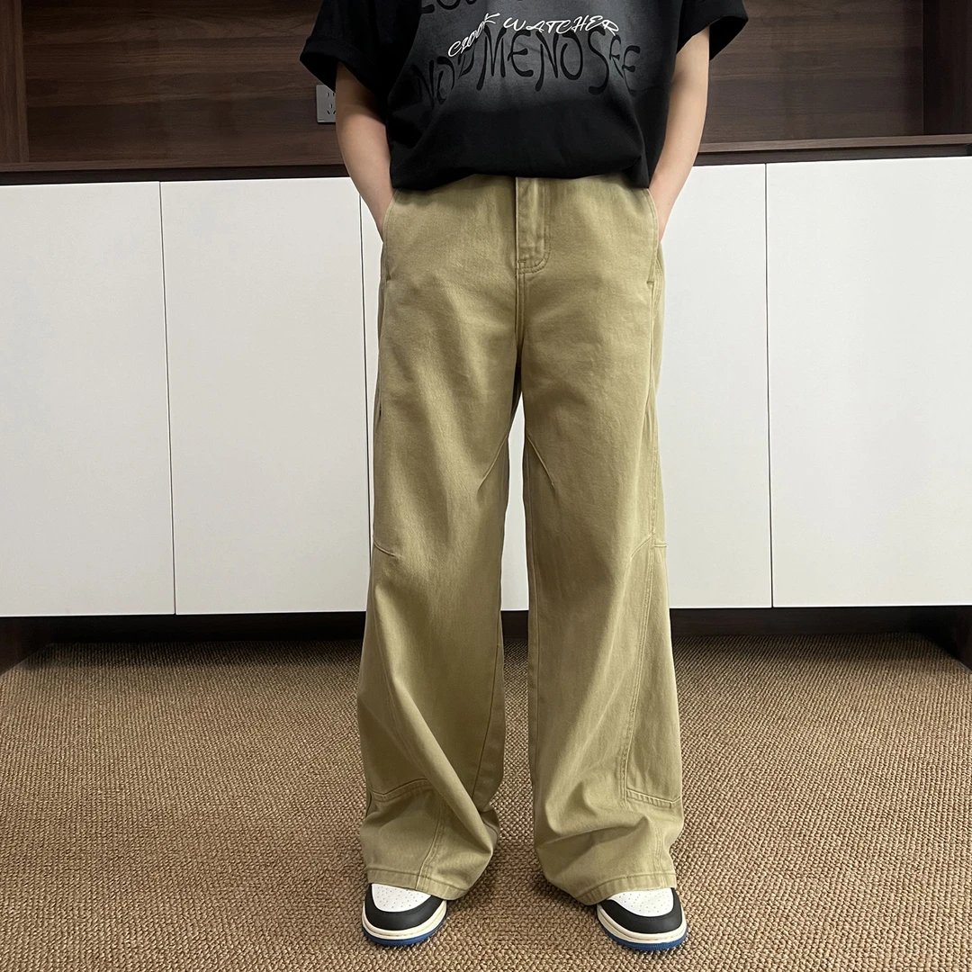 2025新款美式不规则拼接工装裤男士阔腿宽松直筒牛仔裤男款长裤