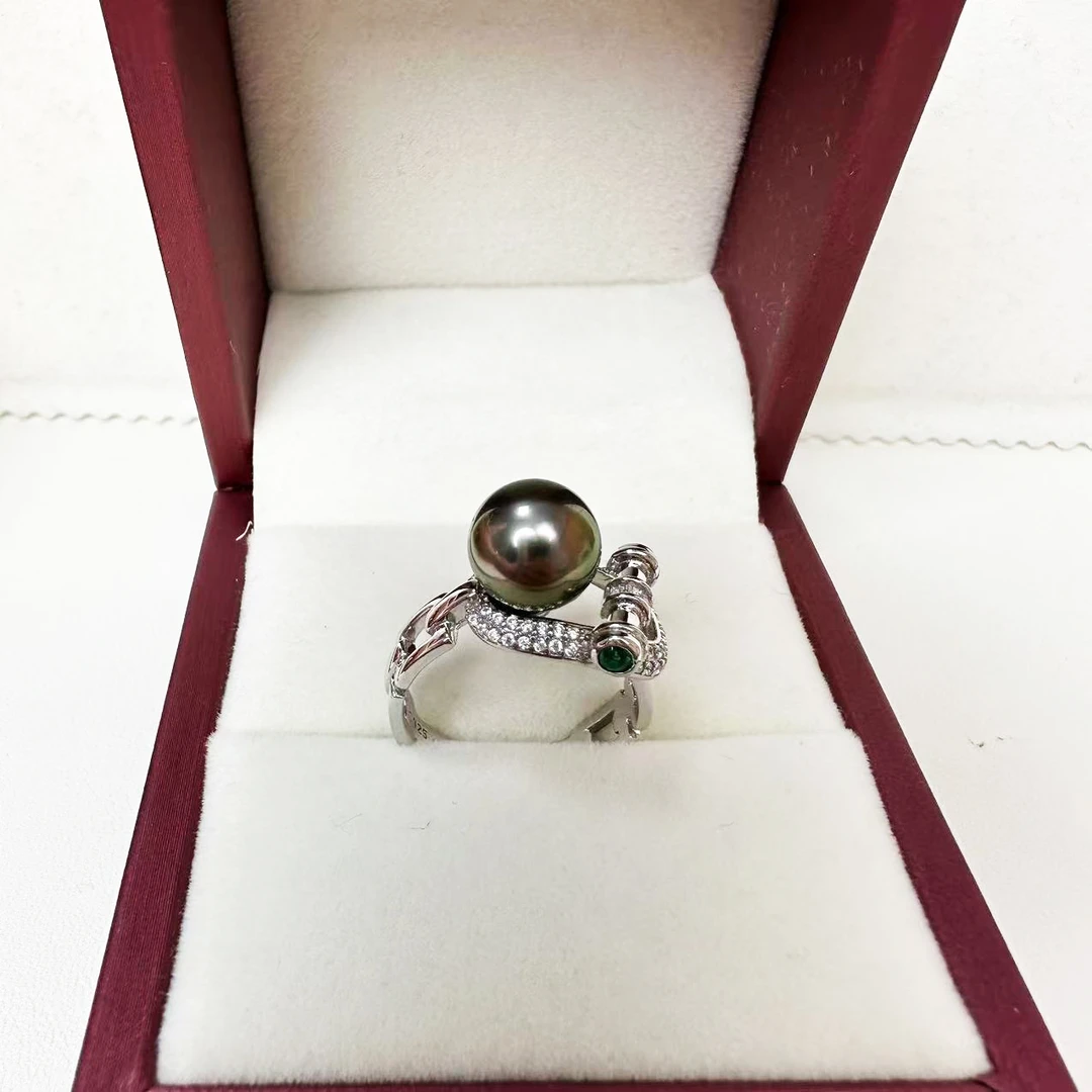 天然海水珍珠大溪地戒指9-10mm，正圆强光带緑色调，大溪地戒指