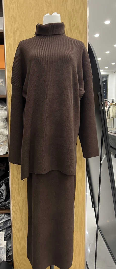 秋冬法式极简慵懒针织毛衣套装高领上衣直筒半身裙两件套装裙